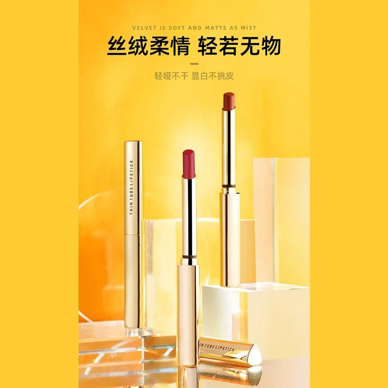 

MING HAN Velvet Slim Tube Small Gold Bar Lipstick Velvet Matte Triangle Fine Golden Tube Llipstick