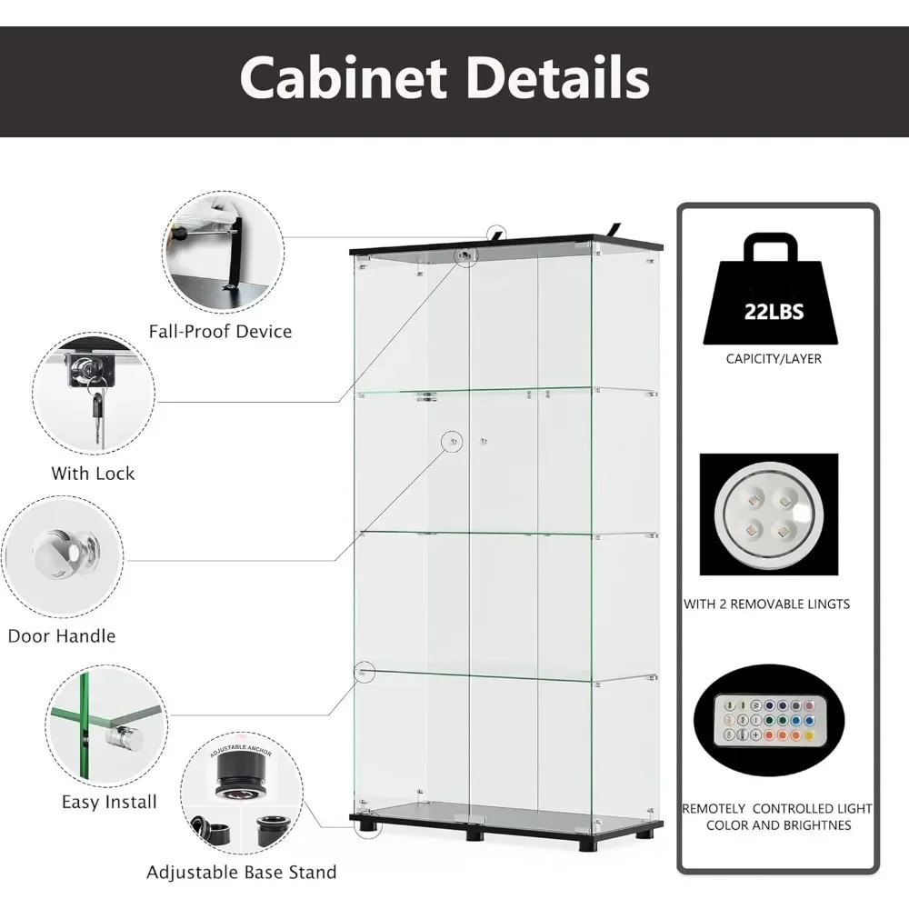 Стеклянная витрина с подсветкой и замком 4-уровневая со стеклянной дверью