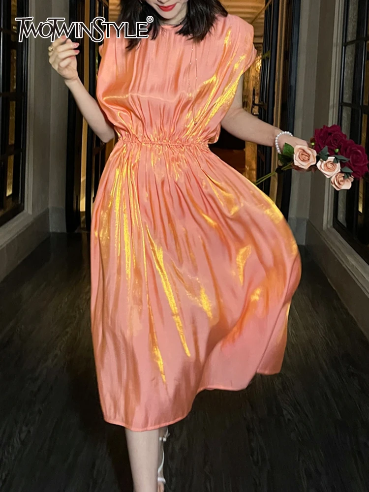 

TWOTWINSTYLE Ruched Tank Dresses For Women 2022 Round Neck Sleeveless High Waist Solid Minimalist Midi Dress Female Clothing New