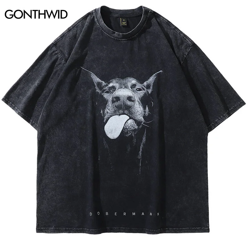 

Vintage Oversize T-Shirt Y2K Hip Hop Dobermann Dog Animal Graphic Print Washed Streetwear Tshirt 2023 Harajuku Fashion Loose Top