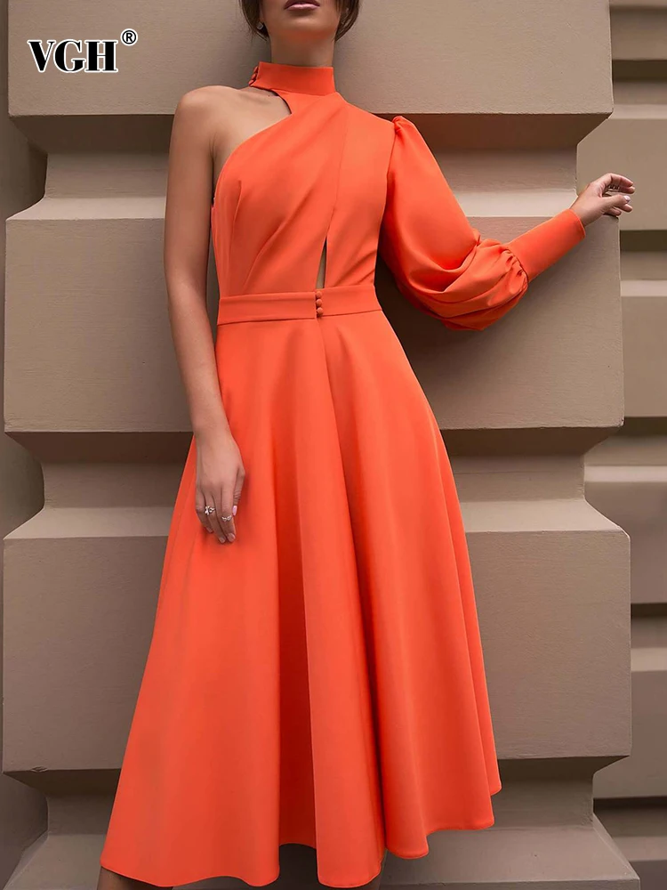 

VGH Casual Solid Women's Dresses Halter One Off Shoulder High Waist Midi A Line Irregular Dresses Female 2022 Spring Clothes New
