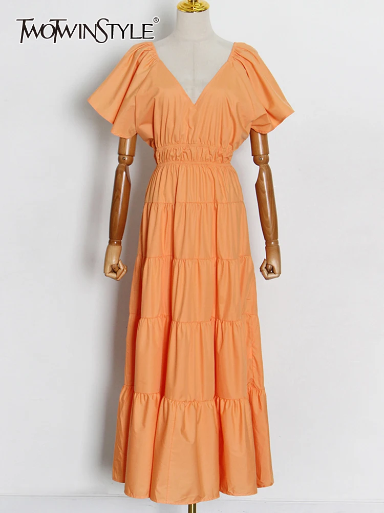 

TWOTWINSTYLE Solid Vintage Dress For Women V Neck Flying Sleeve High Waist Fold Pleated Slimming Dresses Female 2022 Spring New