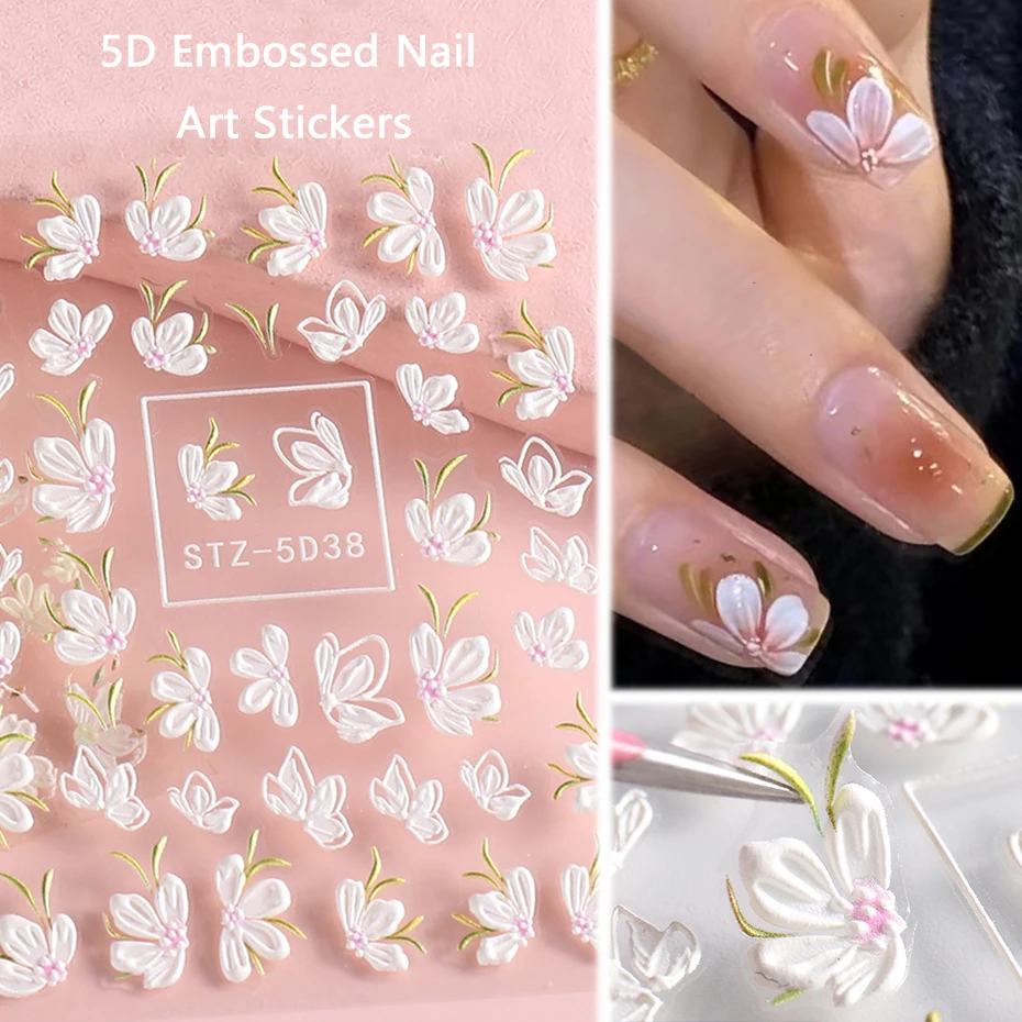 

5D Embossed Nail Art Stickers DIY Charm White Lily Of The Valley Tulip Gel Nail Flower Stickers Wedding Bride Manicure Accessory