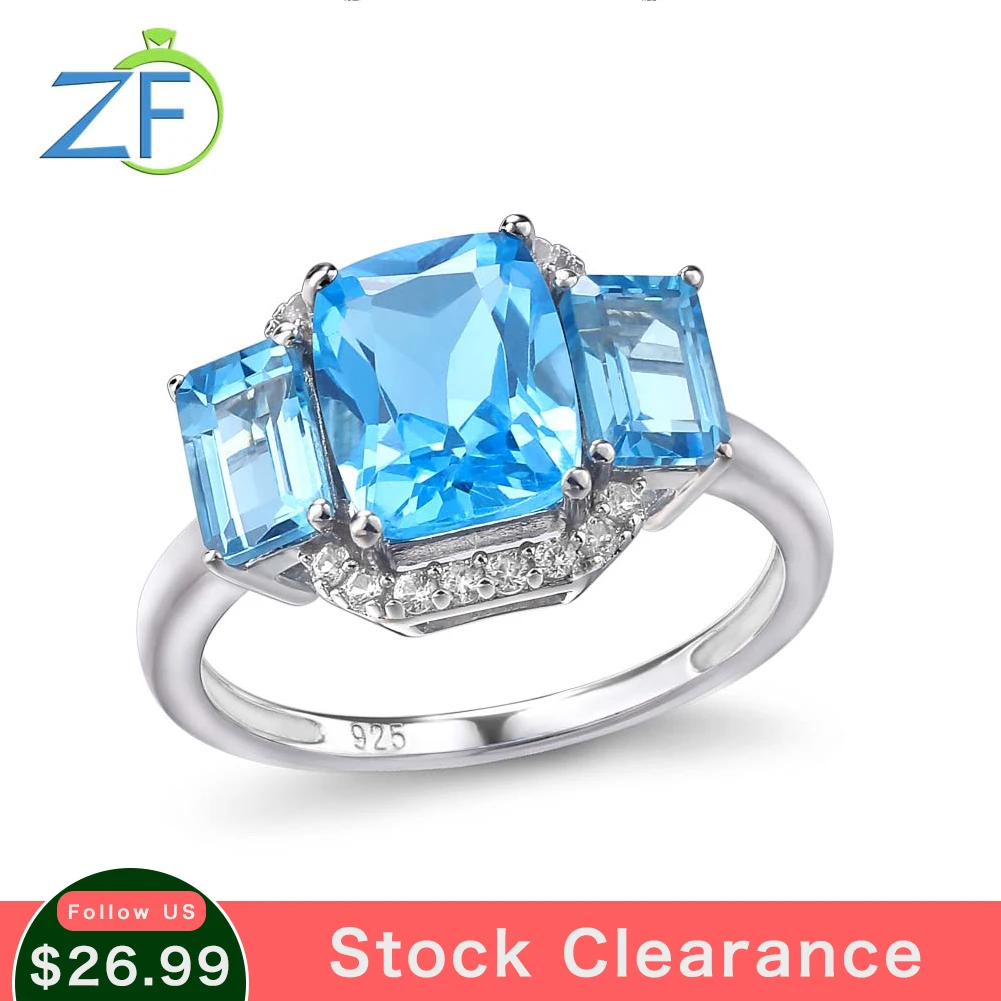 

GZ ZONGFA Genuine 925 Sterling Silver Ring for Women Natural Blue Topaz 4.5 Carats Cushion Gemstone Luxury Design Fine Jewelry