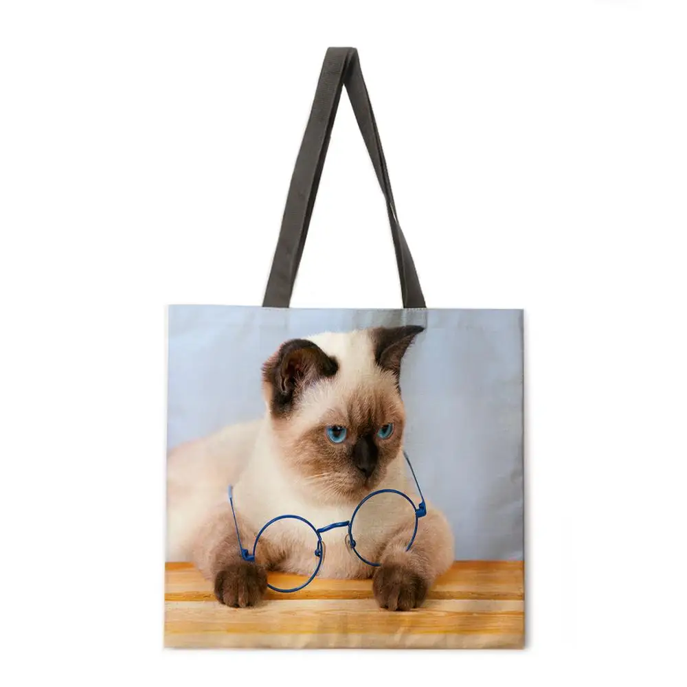 

Сумка-тоут с забавным принтом кота, повседневная льняная тканевая Складная многоразовая Сумочка для покупок, пляжный мешок