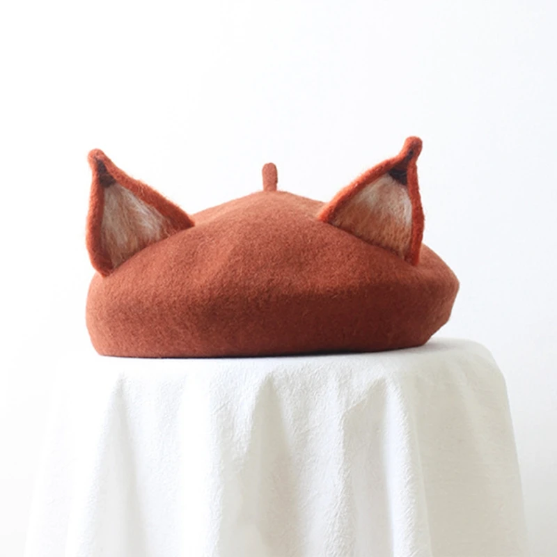 

Cute Fox Ear Beret Casual Warm Painter Hat Handmade Beret
