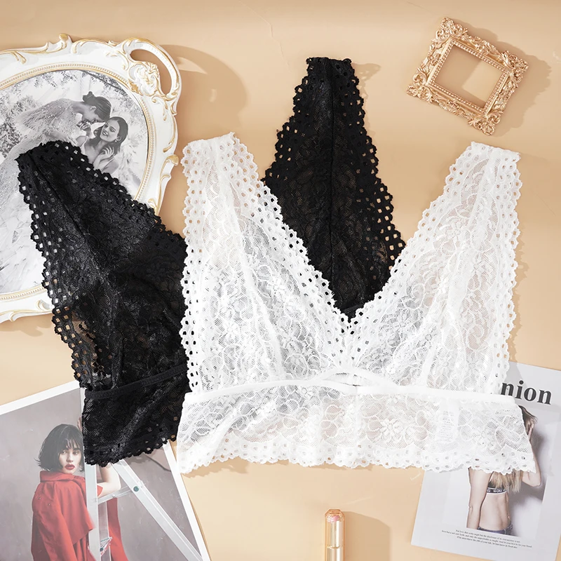 

Lace Sexy Lingerie Deep Women’s V-Neck Bra Ultra Thin Mesh Floral Wireless Bralette Unpadded Crop Top Plus M-3XL Underwear
