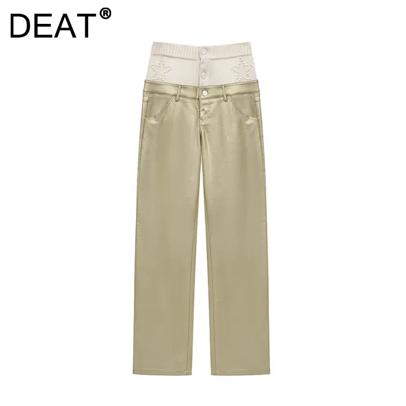 DEAT женские брюки узкие вязаные лоскутные с двойной талией и позолоченными