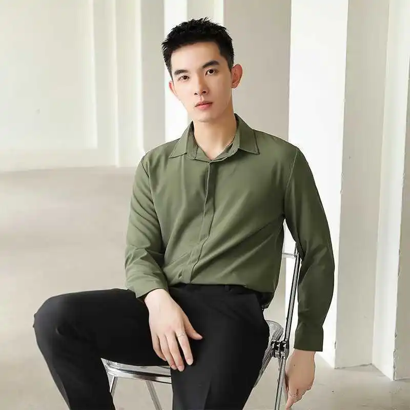 

Темно-зеленая Мужская рубашка на весну и осень деловая Повседневная облегающая драпировка высокого качества с длинными рукавами