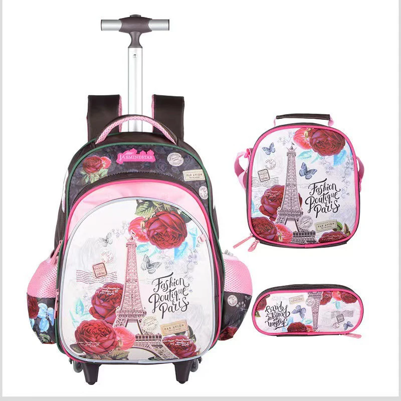 Children 3pcs Boys Schoolbag Set With Wheels Trolley Bag With Lunch Bag Rolling School Backpack Set Wheeled Backpack For Girls