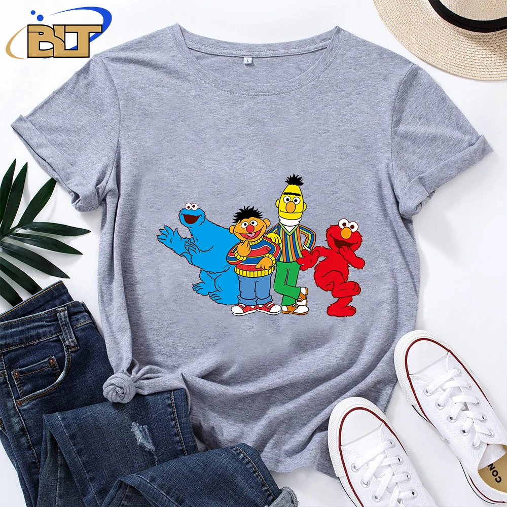 Женская футболка с принтом Улица Сезам повседневная серая хлопковая коротким