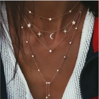 accessories diamond moon star necklace european and american retro multilayer alloy clavicle chain