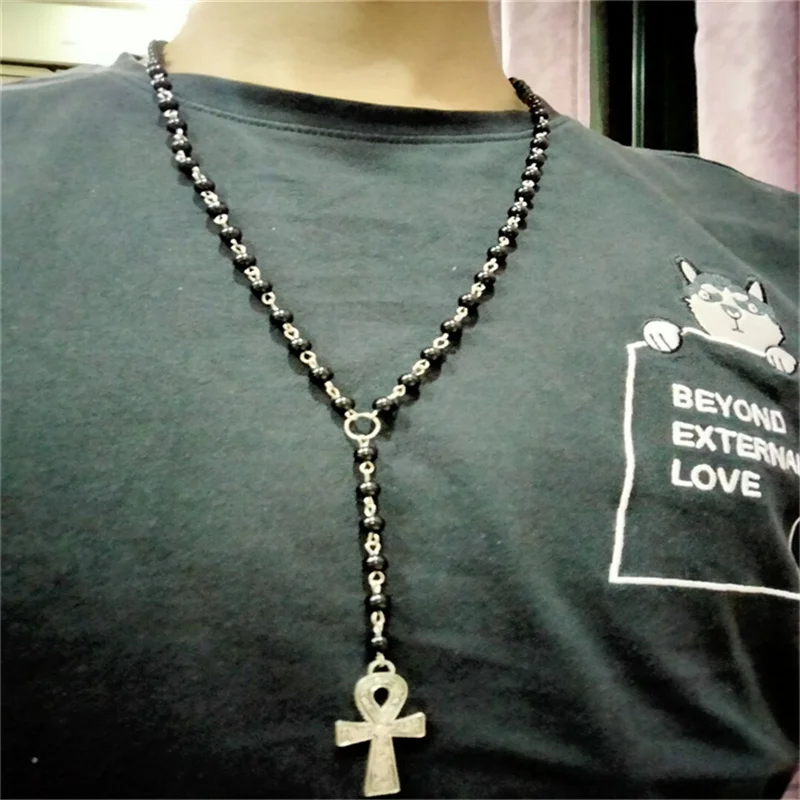 

Black Beaded Rosary Cross Pendant Necklace Gothic Ankh Egyptian Cross Witch Pagan Jewelry Ladies Gift Fashion Charm Jewellery