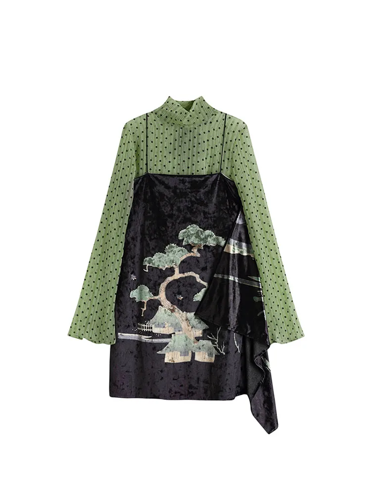 

New Style Bohemian Style Women Suit Lace Ploka Dot 2022 Autumn Long Sleeve T-Shirt And Black Print Velvet Suspender Dress Lady