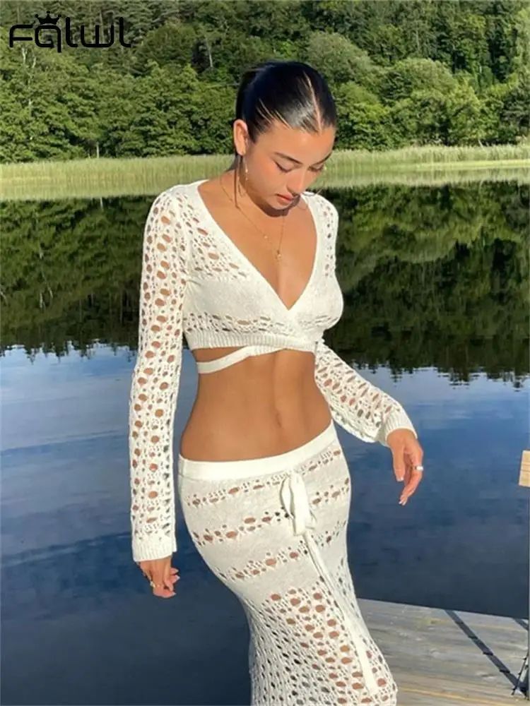 

FQLWL Summer White Black Sexy Loose Tops Women 2022 V Neck Long Sleeve Bandage Tops Ladies Hollow Out Party Crop Top Female