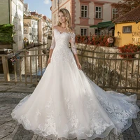 2022 wedding dress tulle for woman 34 sleeve sweetheart neck applique custom vestido de noche vintage bridal gown long train