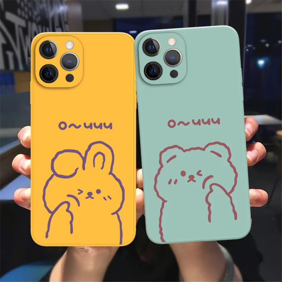 

Couple cute bear hugging rabbit Phone Case For iPhone11 12 13 Pro Max Mini X XR XSMAX X 8 7 Plus soft silicone Candy colors case