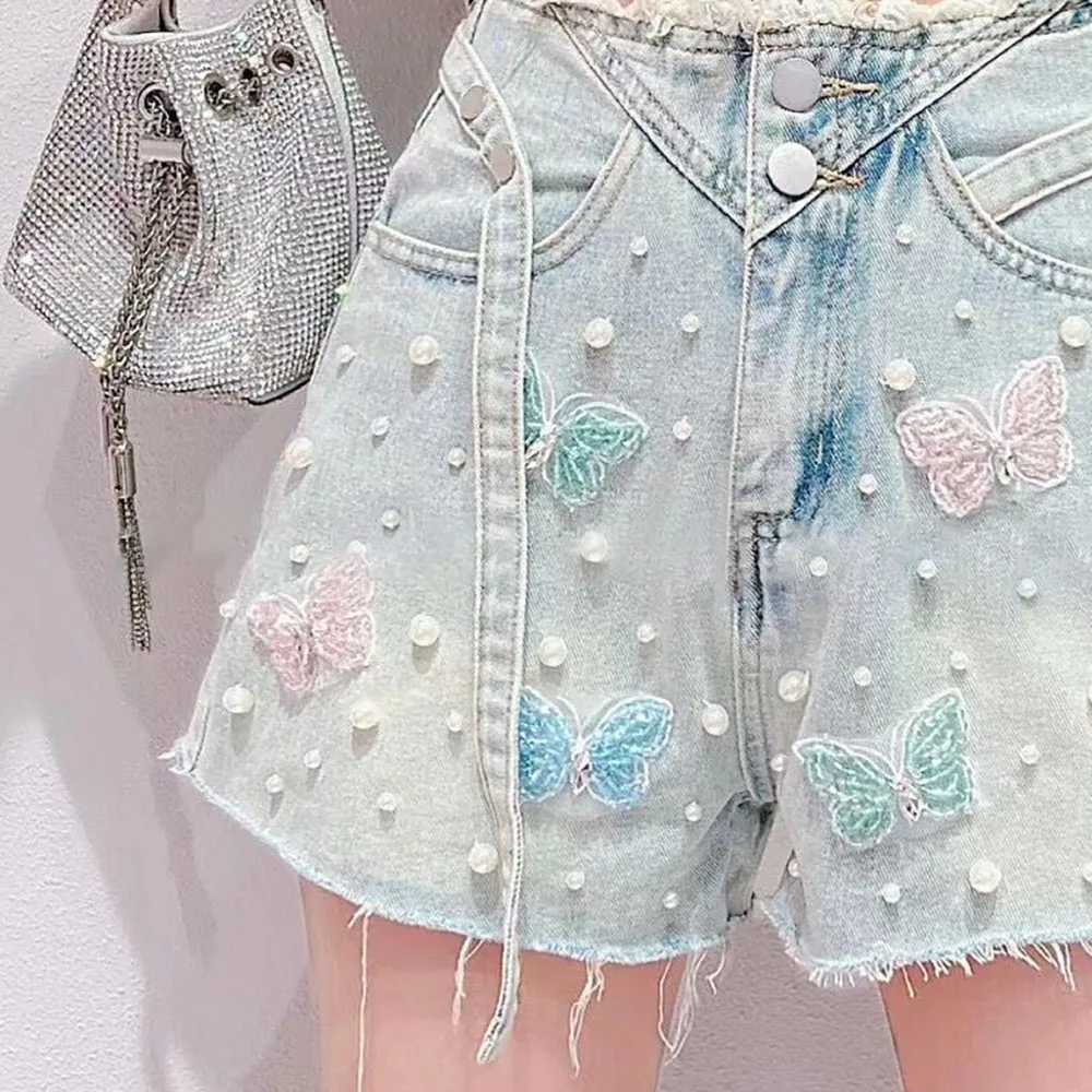 French Style Heavy Industry Beads Butterfly Denim Shorts Female Summer Loose Slimming High Waist Wide Legs A-line Burr Hot Pants