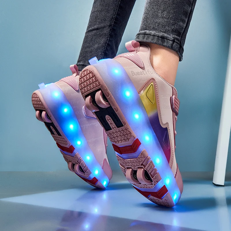 

Sneakers With Wheels Roller Skates Shoes Boys Girls Children Kids Sports Casual Fashion 4 Rollers Led Lighted Luminous Boots