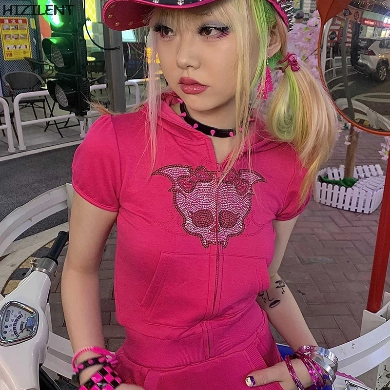 

Y2k Punk Gothic Rhinestone Skull Print Short Sleeve Zip Hoodie Hip Hop Crop Top Sweatshirt Korean Fashion Sport Sweatshirts EMO