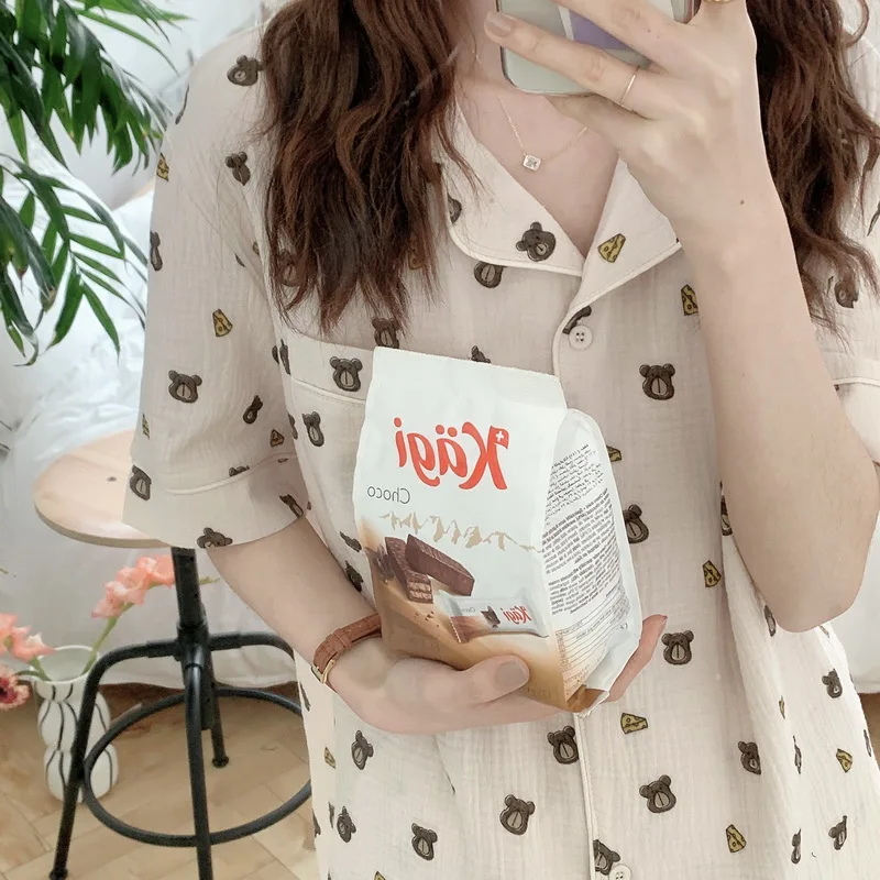 Cartoon Bear Summer Pajamas Set Women Single Breasted Shirts + Shorts Cotton Two Piece Home Suit Kawaii Korean Sleepwear