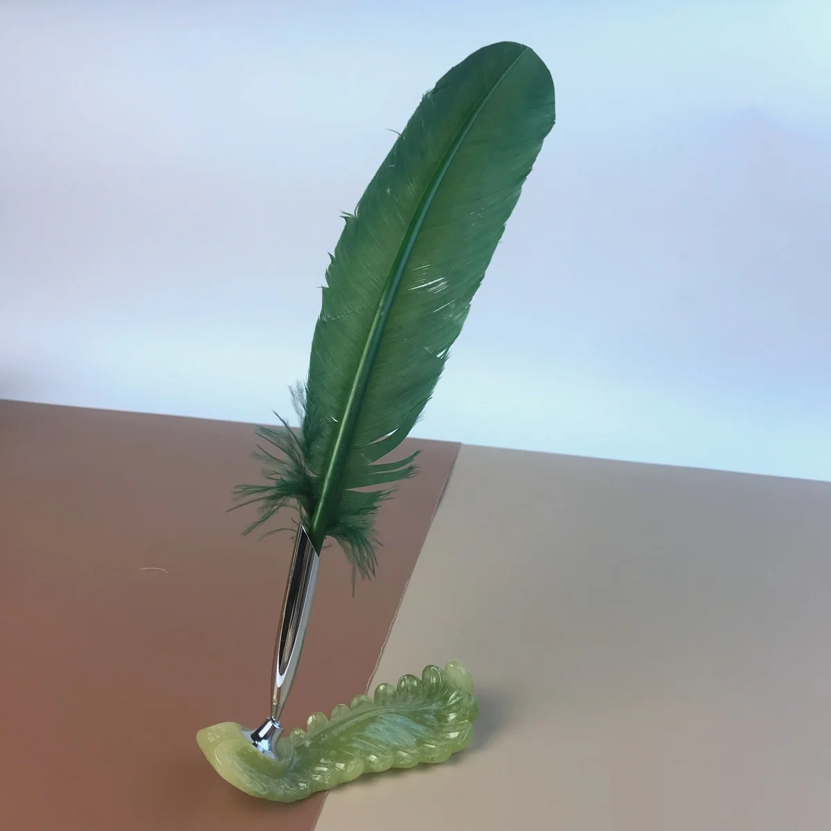 Green Feather Quill Dip Pen With Resin Pen Holder