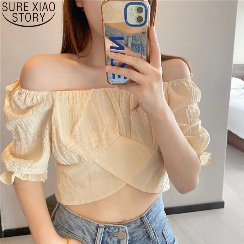 

2023 Summer New French Style Chiffon Shirt Women Casual Slim Fit Blouse Sweet Slash Neck Off Shoulder Shirt Short Tops 20609