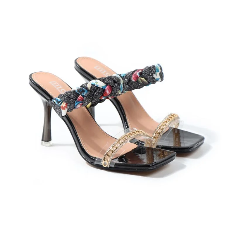

2022 Women Shoes Summer Europe America Popular New Sandals Weave Chain Square Head Roman High-Heel Slippers