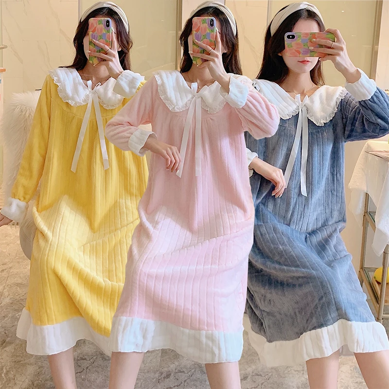 

2022 Winter Long Sleeve Thick Warm Flannel Nightgowns for Women Korean Cute Coral Velvet Sleepwear Night Dress Nightdress Nighty