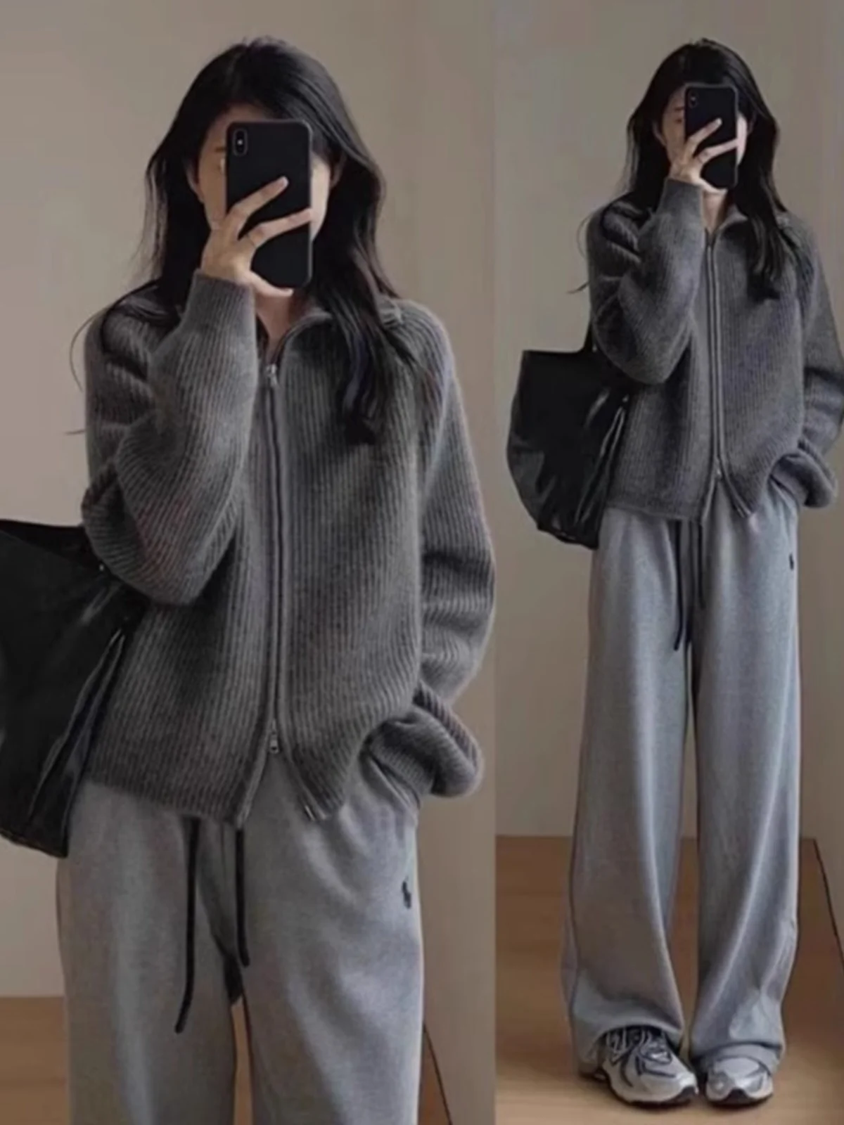 Серый свитер с воротником на молнии женский осенне-зимний 2024 новая популярная