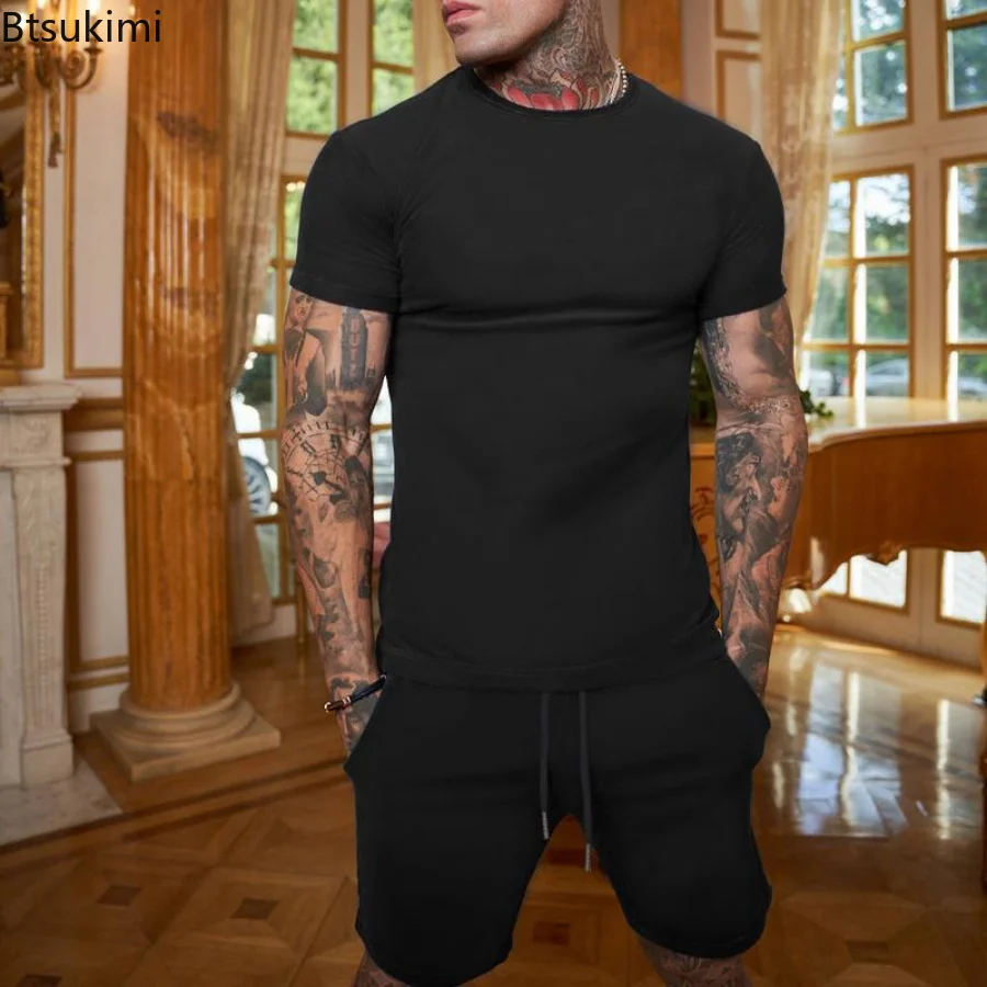 2023 Summer 2PCS Tracksuit for Men Short Sleeve T-Shirt+Shorts 2 Piece Set Sports Suit Men Solid Gyms Fitness Sportswear Sets