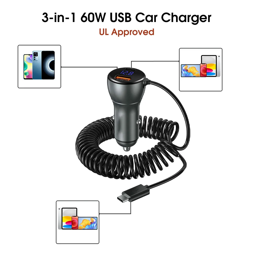Пружинный кабель USB Автомобильное зарядное устройство Type C Кабель 60 Вт Быстрая