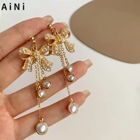s925 needle delicate jewelry bowknot earrings pretty design sweet simulated pearl tassel drop earrings for women girl gifts