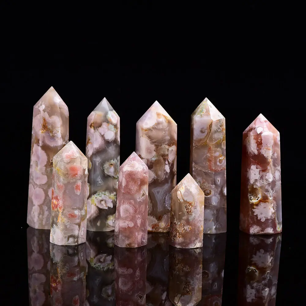 

Natural Cherry Blossom Agate Geode Stone Single Point Wand Tower Magic Statue Crystal Energy Mineral Gems Home FengShui Ornament