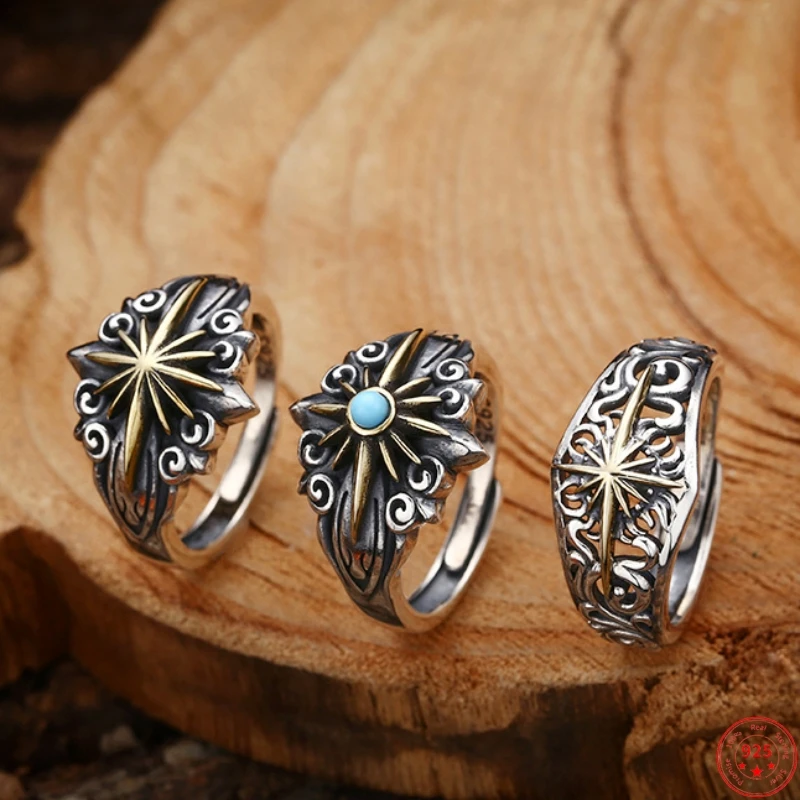 

S925 Sterling Silver Rings for Women New Fashion Vintage Eternal Vine Solar Ray Cross Turquoise Punk Jewelry Free Shipping