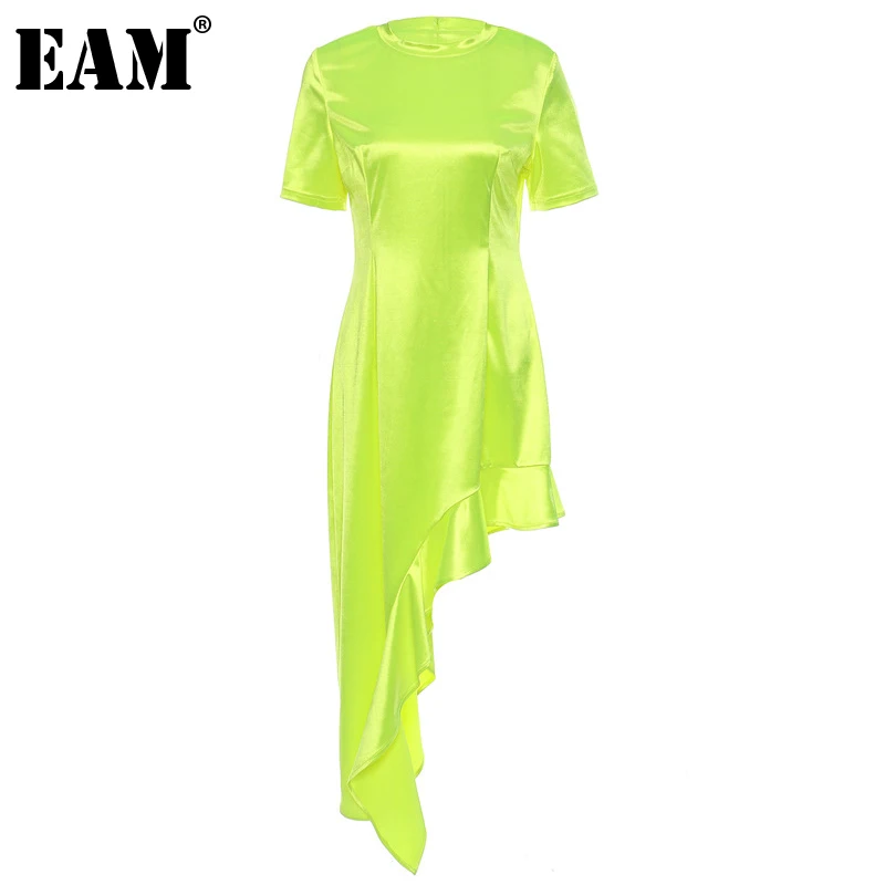 

Женское асимметричное длинное платье EAM, зеленое свободное платье с круглым вырезом и рукавом до локтя, весна-осень 2022, 1DE6115