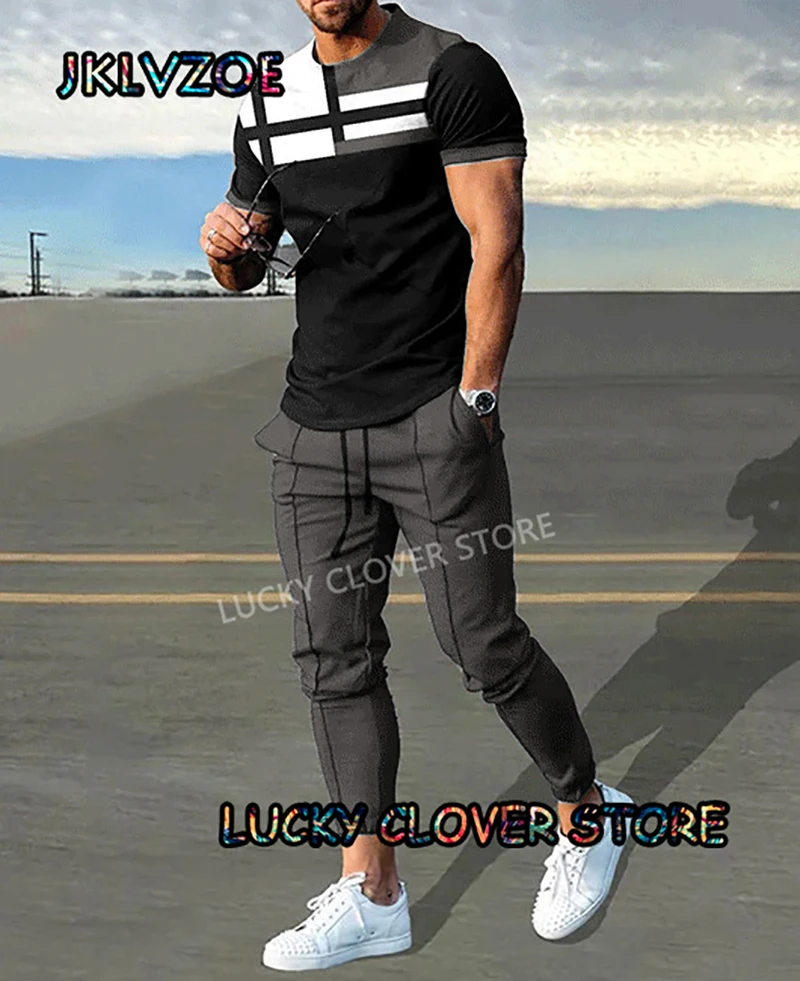 2023 Men Purple Stripe Multicolour Tracksuit 2 Piece Sets T-shirts+Pants Man Outfit Summer Suit Print Casual Sportswear Clothes