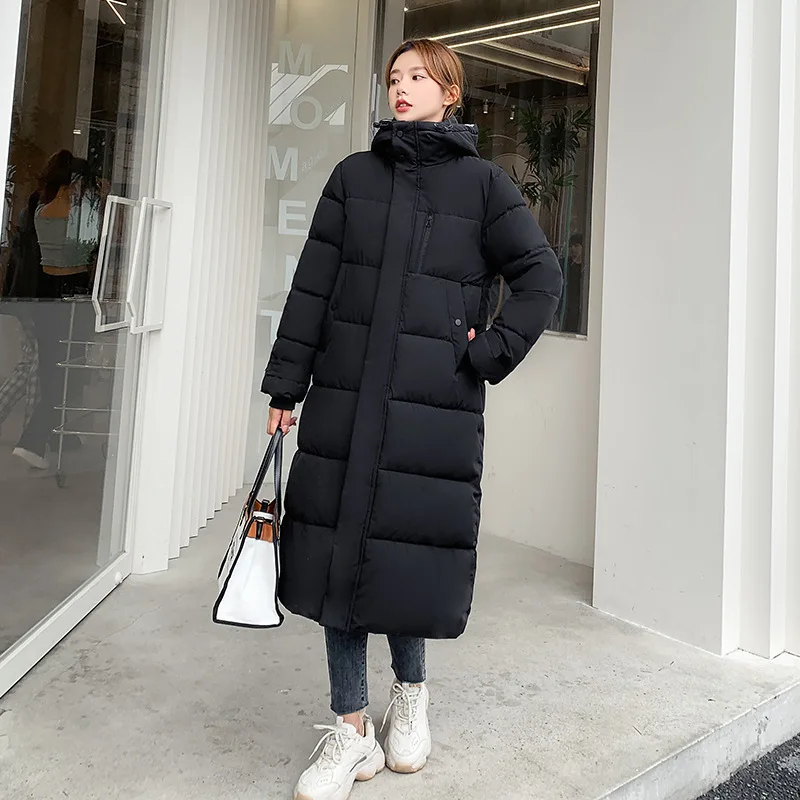 Down Padded Coat Women's Winter Korean Version Solid Color Warm Bread Coat Slim Fit Long Over-the-Knee Hooded Padded Jacket