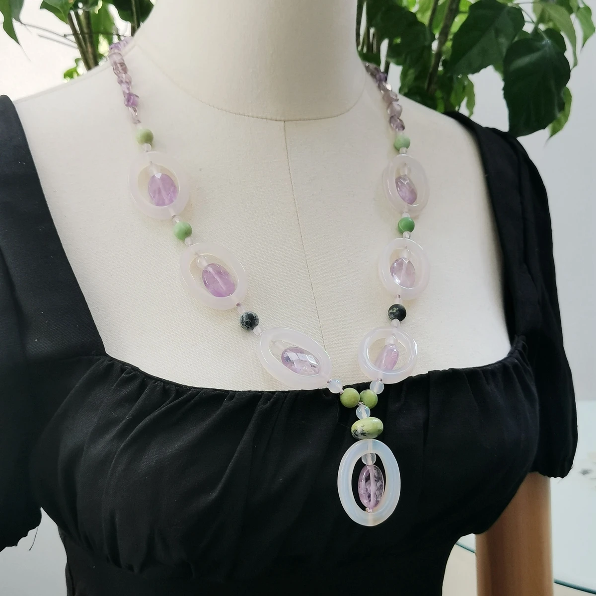 

Lii Ji Real Stone White Purple Green Women Necklace Amethysts Turquoises Agates 61cm Stock Sale Jewelry Gift