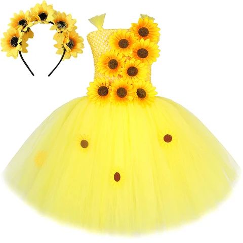 Желтые костюмы подсолнухов для девочек, Осенний осенний наряд, цветочные платья для девочек, детские рождественские костюмы на Хэллоуин, искусственная одежда