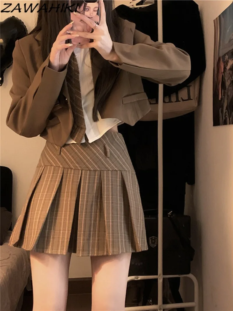 

Korean Long Sleeve Solid Color Casual Loose Women Blazer + Preppy Plaid Pleated Short Skirt + Turn-down Collar White Shirt
