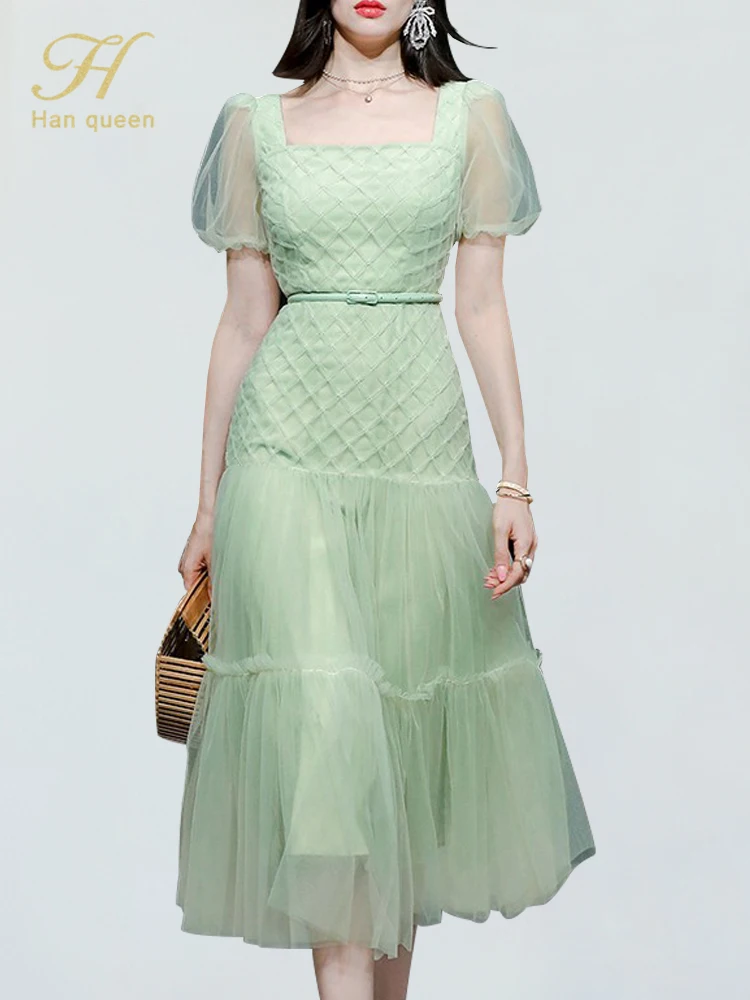 

H Han Queen New 2022 Summer Dresses Retro Slim Office Lady Evening Party Sexy Elegant Simple Series Dress A-Line Mesh Vestidos