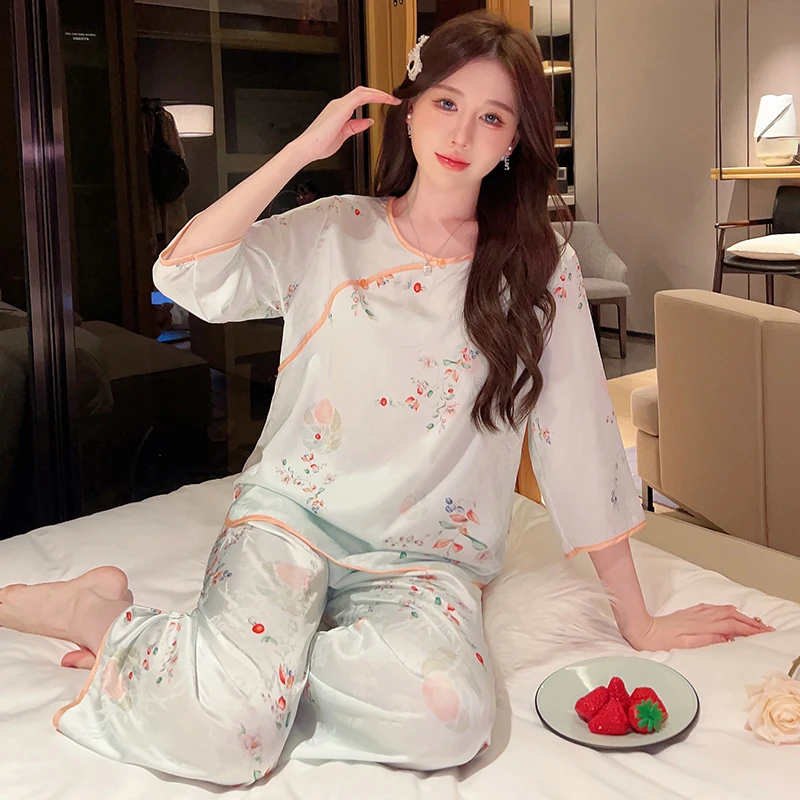 Funishi Summer Sleepwear Ice Silk Women's Pajamas Cardigan lace Cute пижама женская Tang style Cardigan Suit Sweet