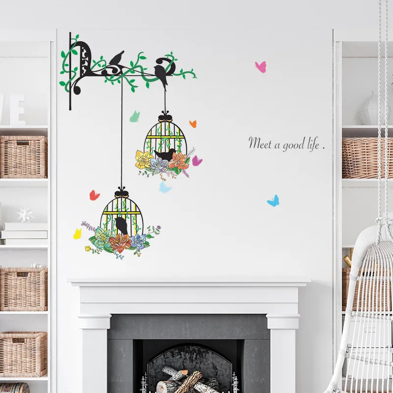 Цветочный кластер клетка для птиц Настенная Наклейка гостиной спальни фон