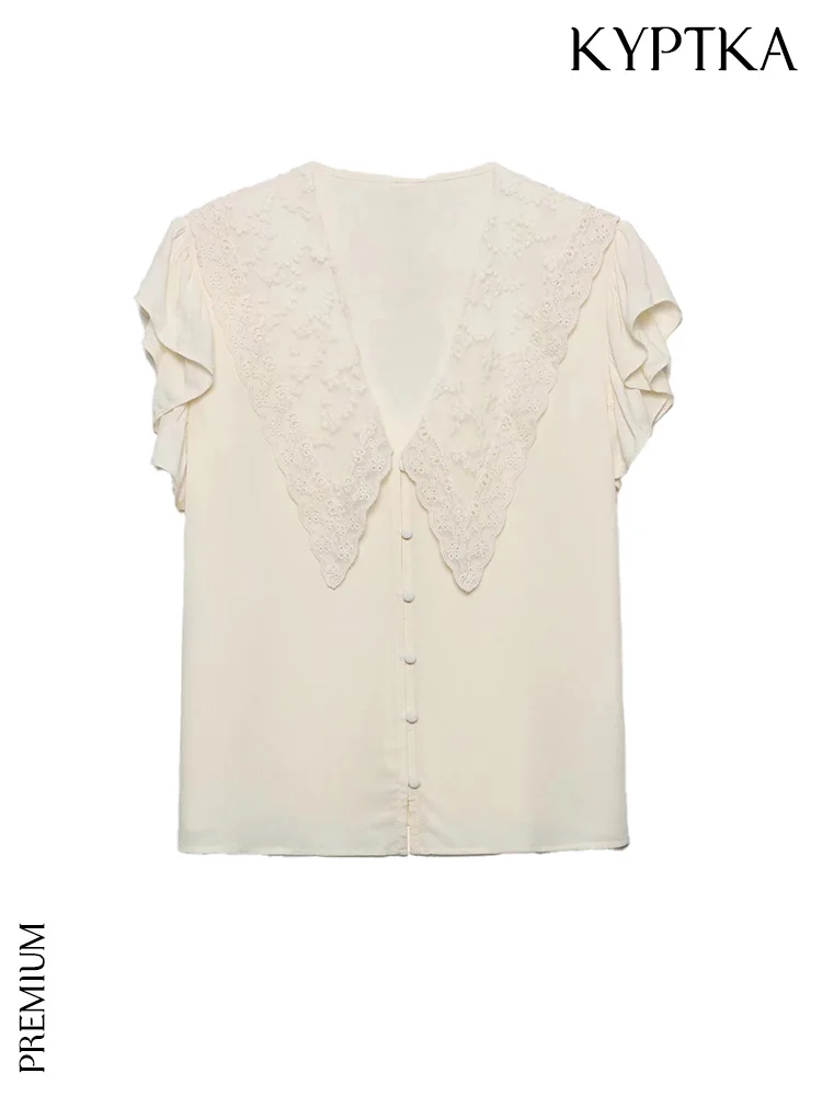 

KYPTKA Women Fashion With Embroidered Collar Ruffled Blouses Vintage Sleeveless Button-up Female Shirts Blusas Chic Tops