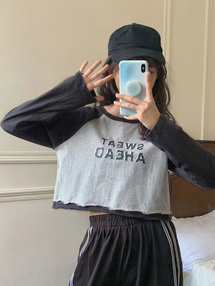 

ZELI y2k Female Harajuku Casual Korean Fashion Cute Tops 2022 Japanese Kawaii T Shirt Women Patch Crop Top Long Slevee T-shirts