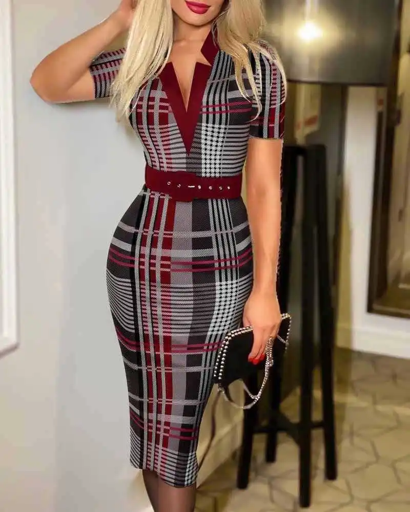 

Spring Summer Fashion Casual Printed Dress Checks V Neck Hip Short Sleeve Sexy For Women