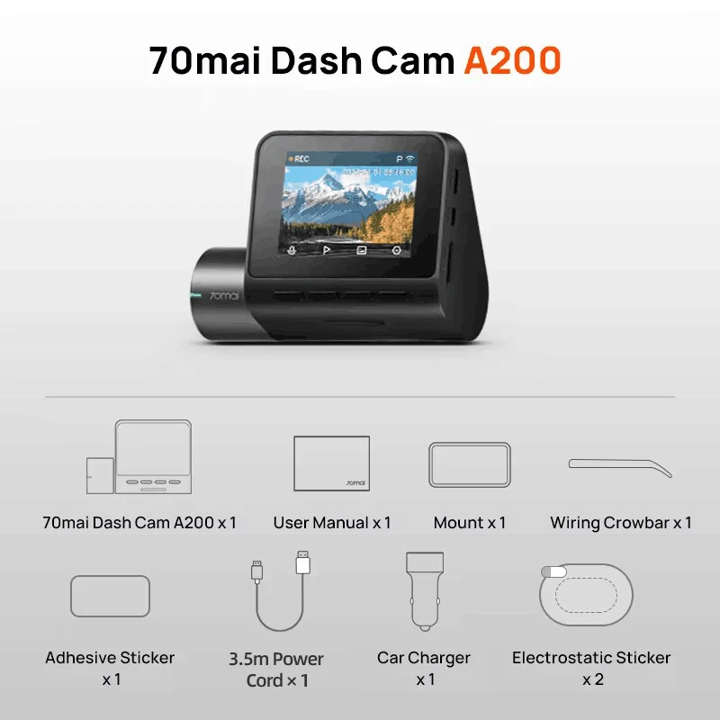 

Global 70mai Dash Cam A200 Двухканальная запись 1080P HDR 2-дюймовый IPS-экран 24-часовой парковочный монитор 70mai Автомобильный видеорегистратор A200 WIFI APP 130 ° ФИВ