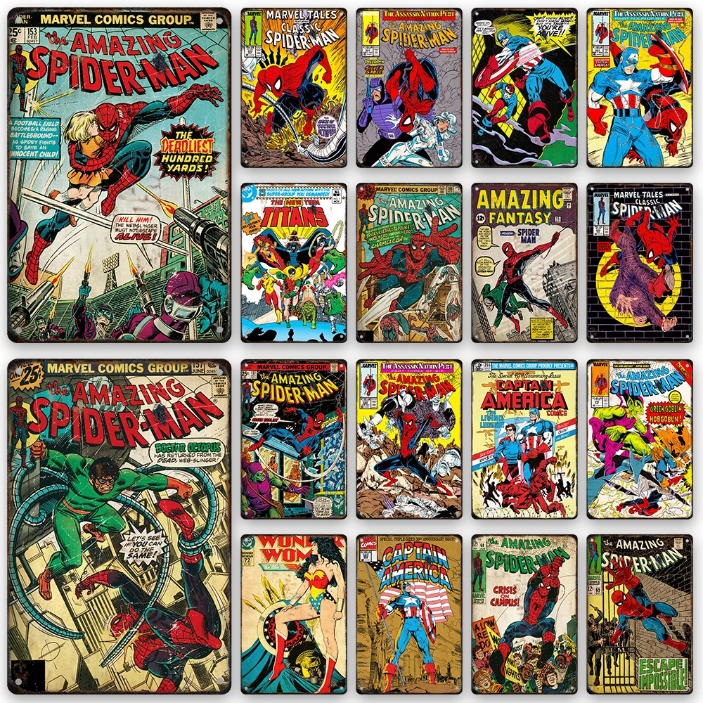 

Avengers Retro Metal Poster Anime Spiderman Vintage Tin Sign Cinema Wall Art Decorative Plate For Home Room Decor Aesthetic Gift