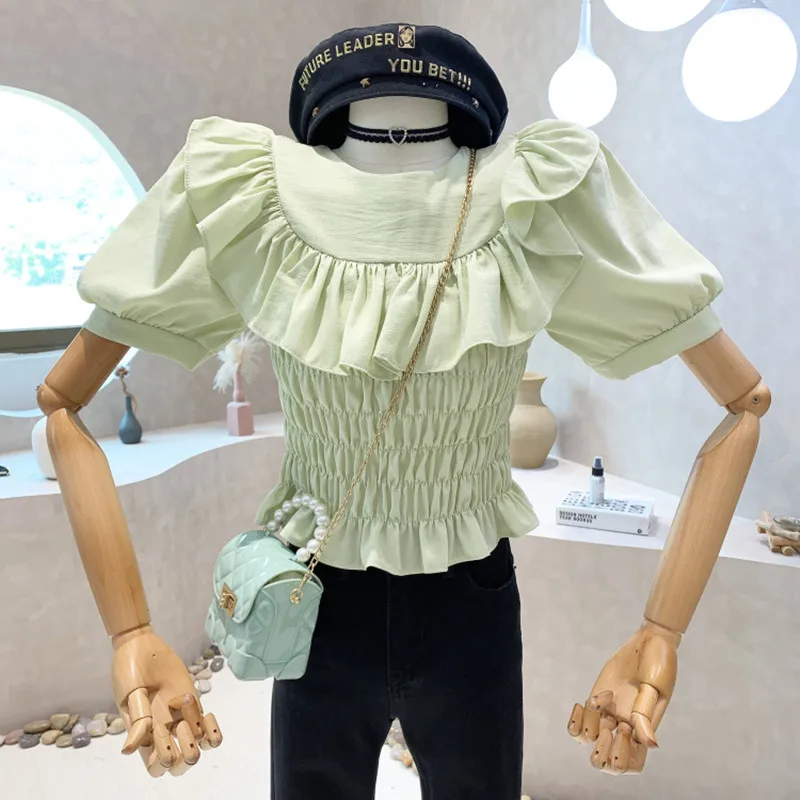 

New Women's Clothing 2022 Spring Round neck solid color Ruffle pleated Short sleeve short shirt Tops blusas mujer de moda 2022